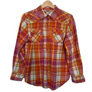 Gibson Shirt Orange Plaid Pear Snap Button Long Sleeve‎ Western Rodeo Cowgirl L